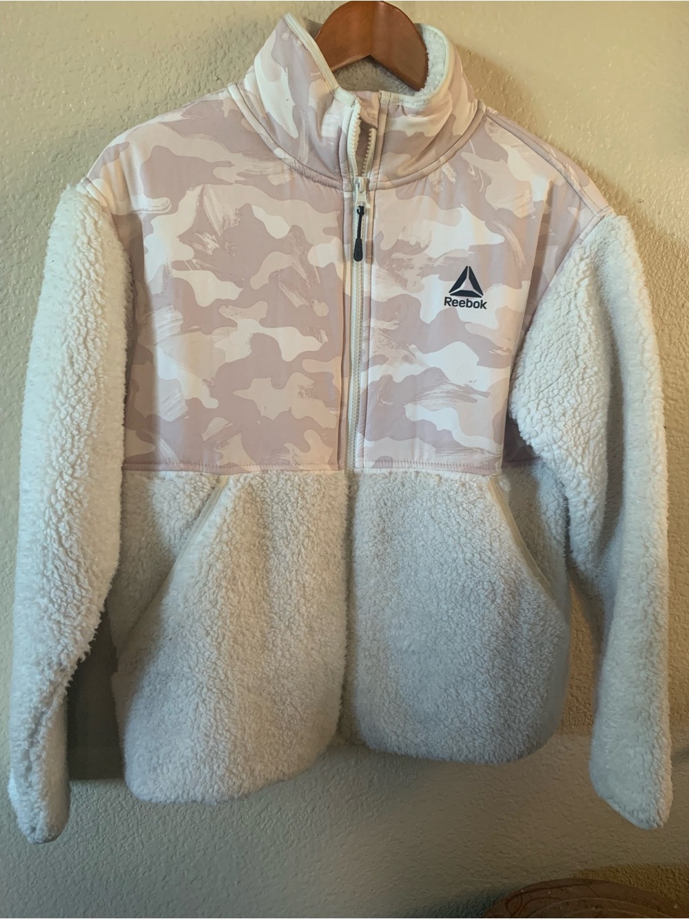 Reebok Cream Sherpa Pullover with Light Pink Camo Yoke